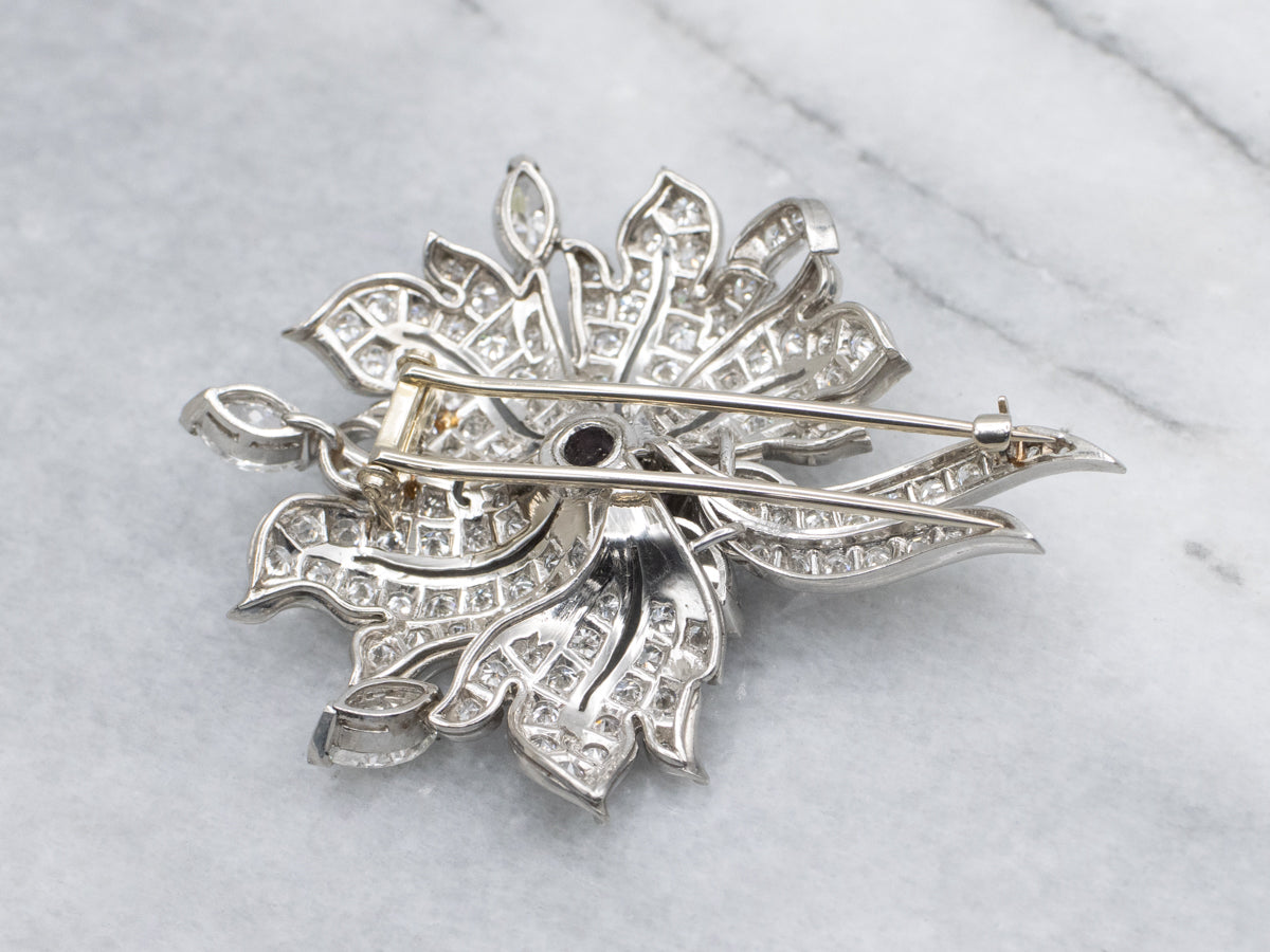 Spectacular Pink Sapphire and Diamond Retro Era Platinum Brooch