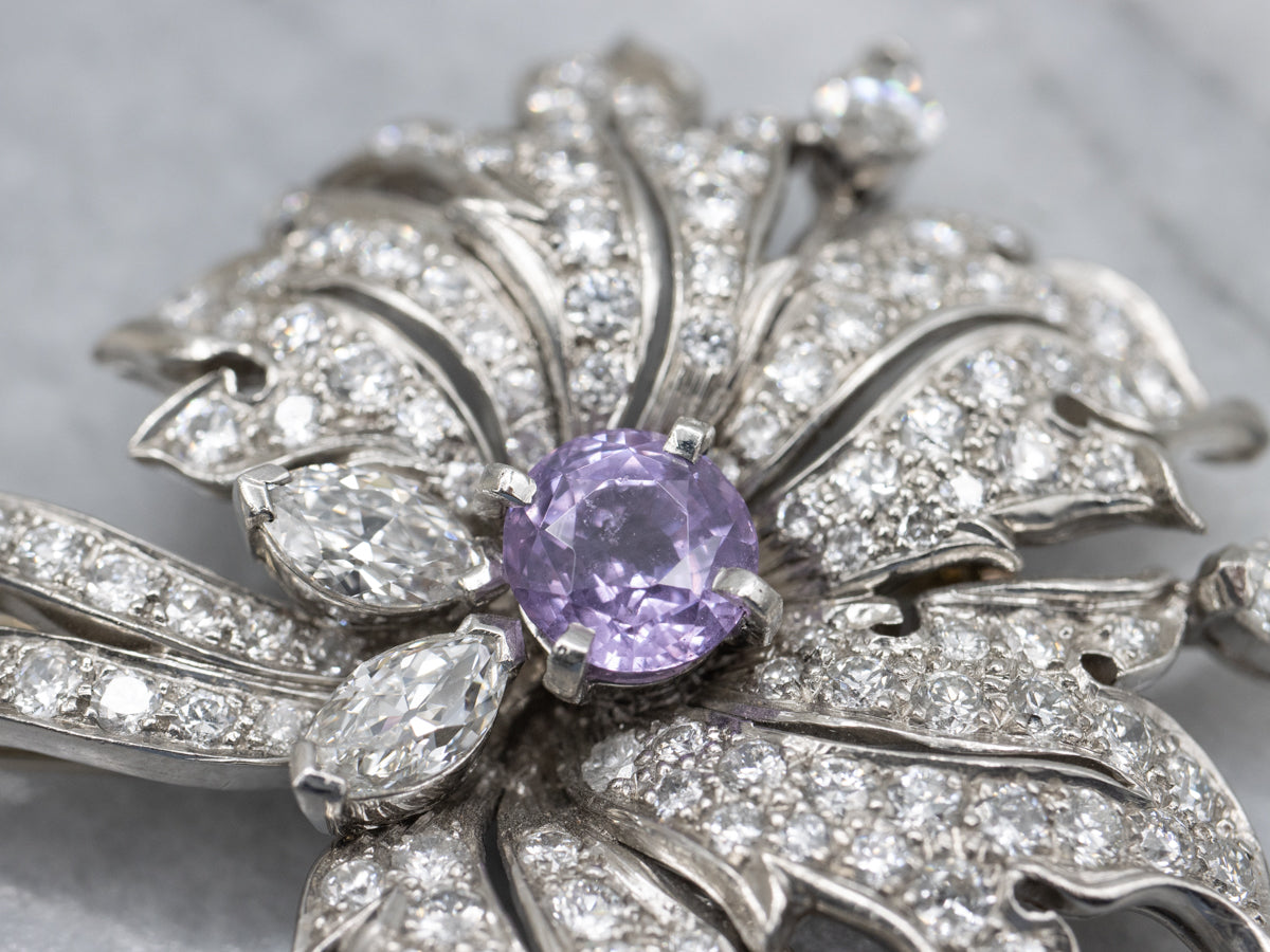 Spectacular Pink Sapphire and Diamond Retro Era Platinum Brooch