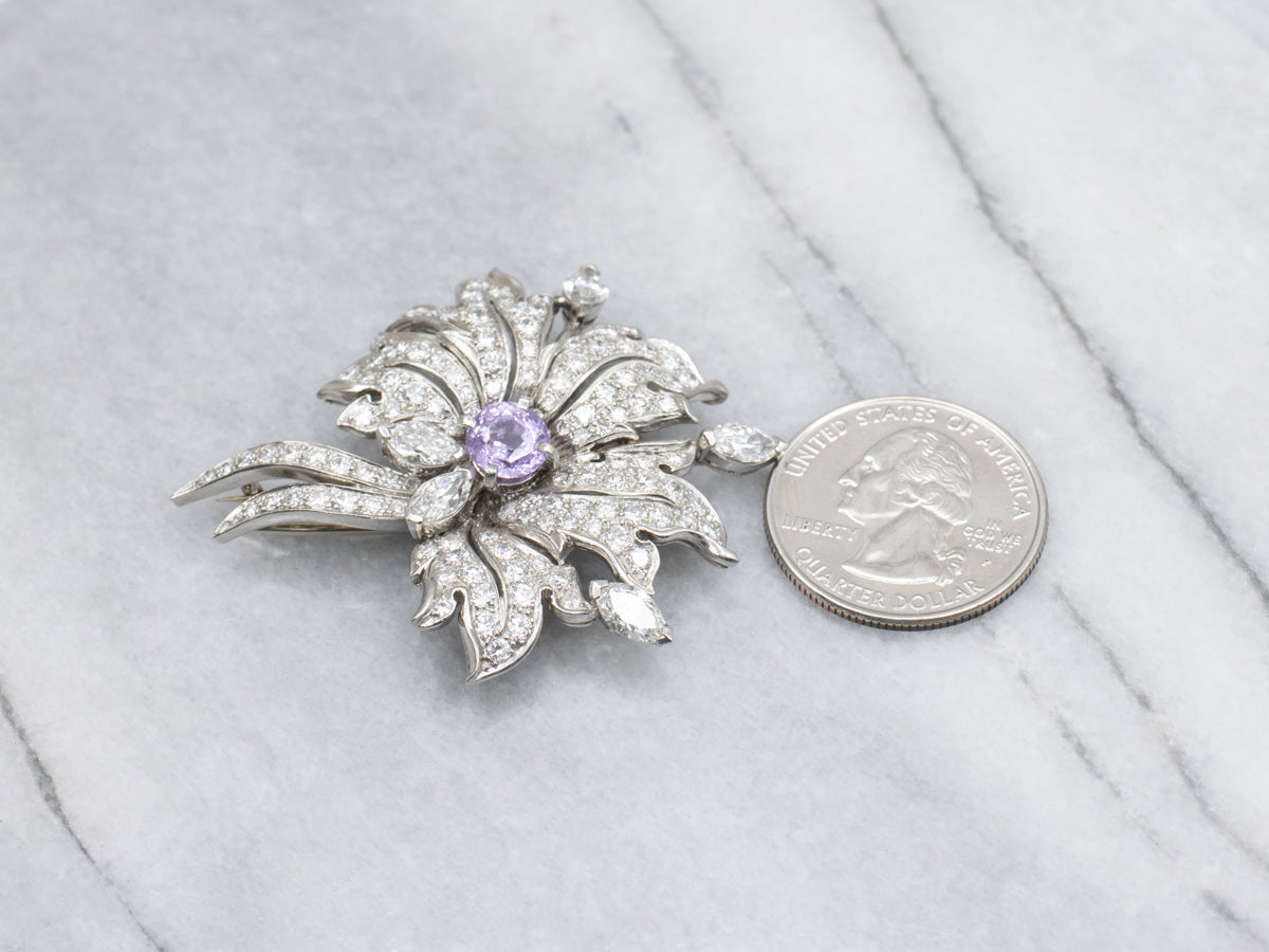 Spectacular Pink Sapphire and Diamond Retro Era Platinum Brooch