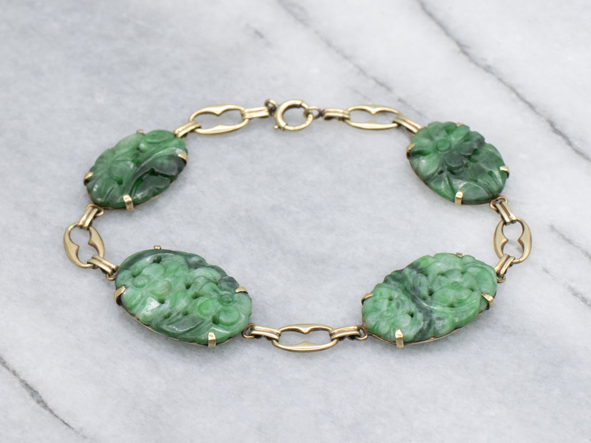 Vintage Carved Jade Gold Link Bracelet