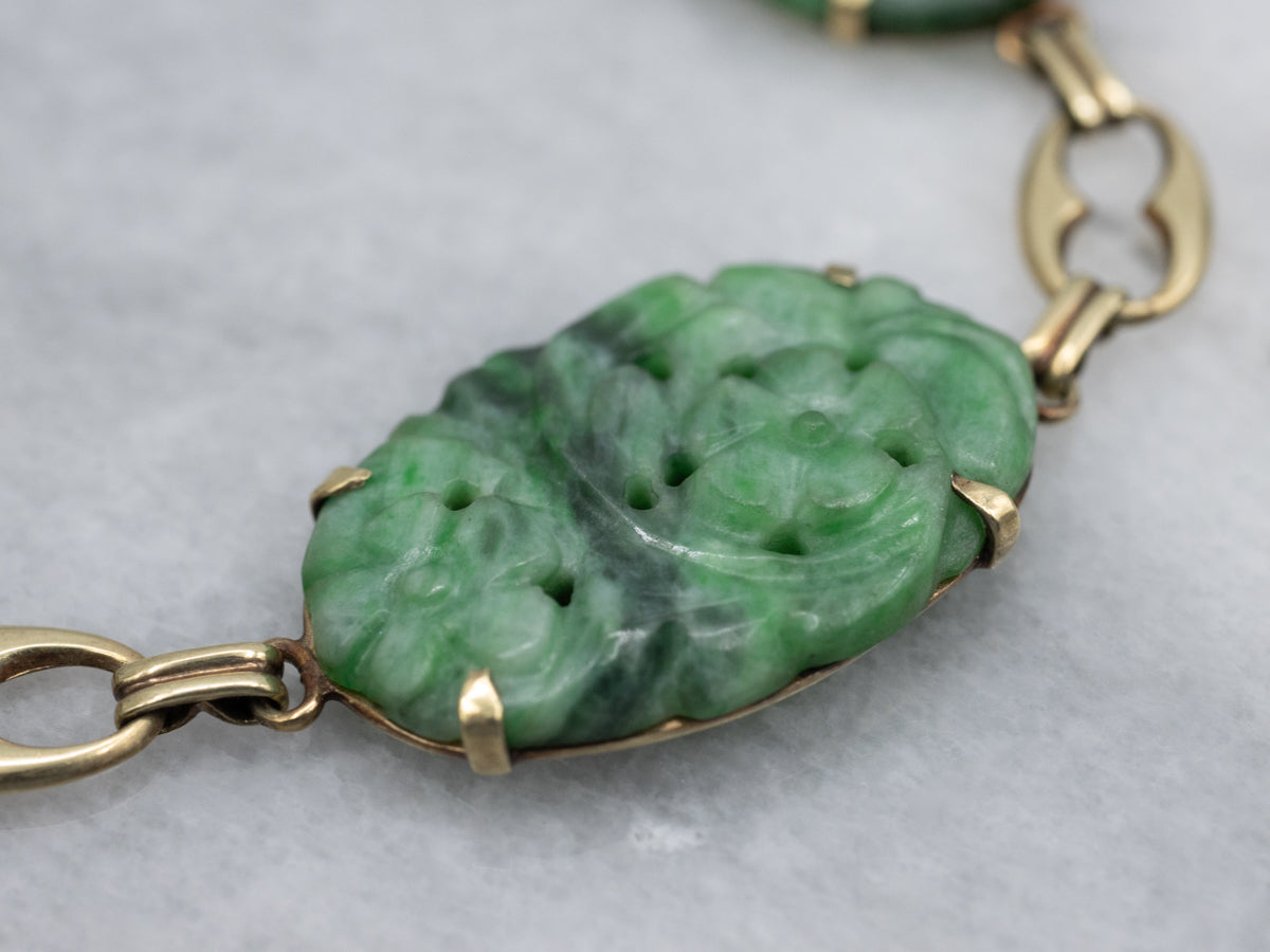 Vintage Carved Jade Gold Link Bracelet