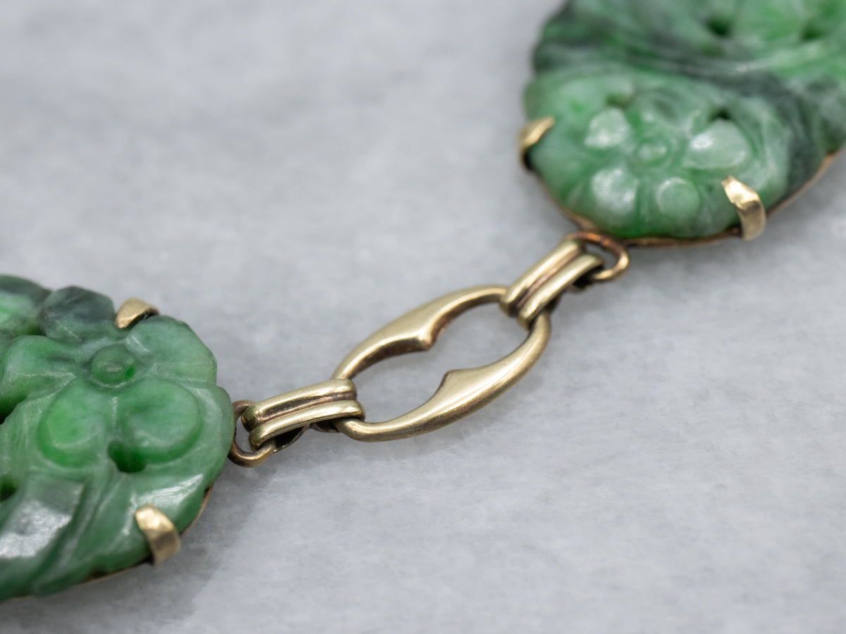 Vintage Carved Jade Gold Link Bracelet