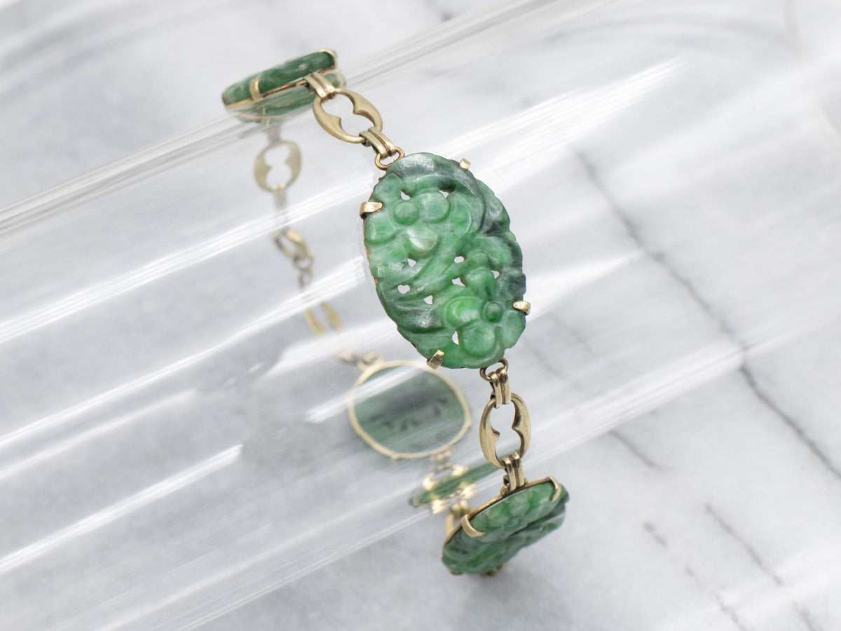 Vintage Carved Jade Gold Link Bracelet