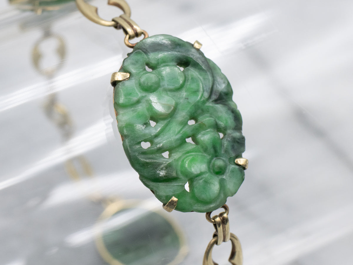 Vintage Carved Jade Gold Link Bracelet