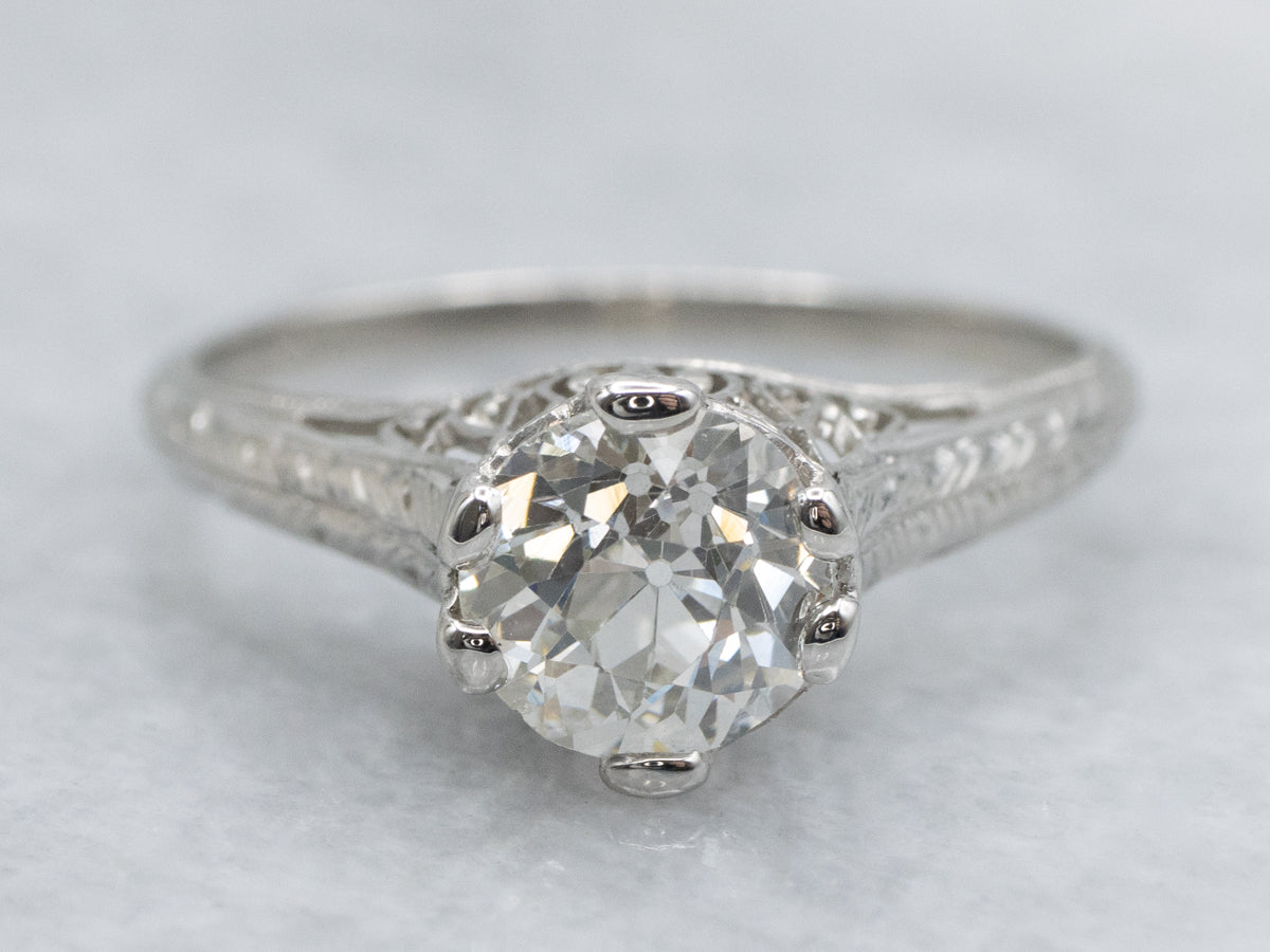 Platinum Art Deco Mine Cut Diamond Solitaire Engagement Ring with Filigree and Wheat Engravings