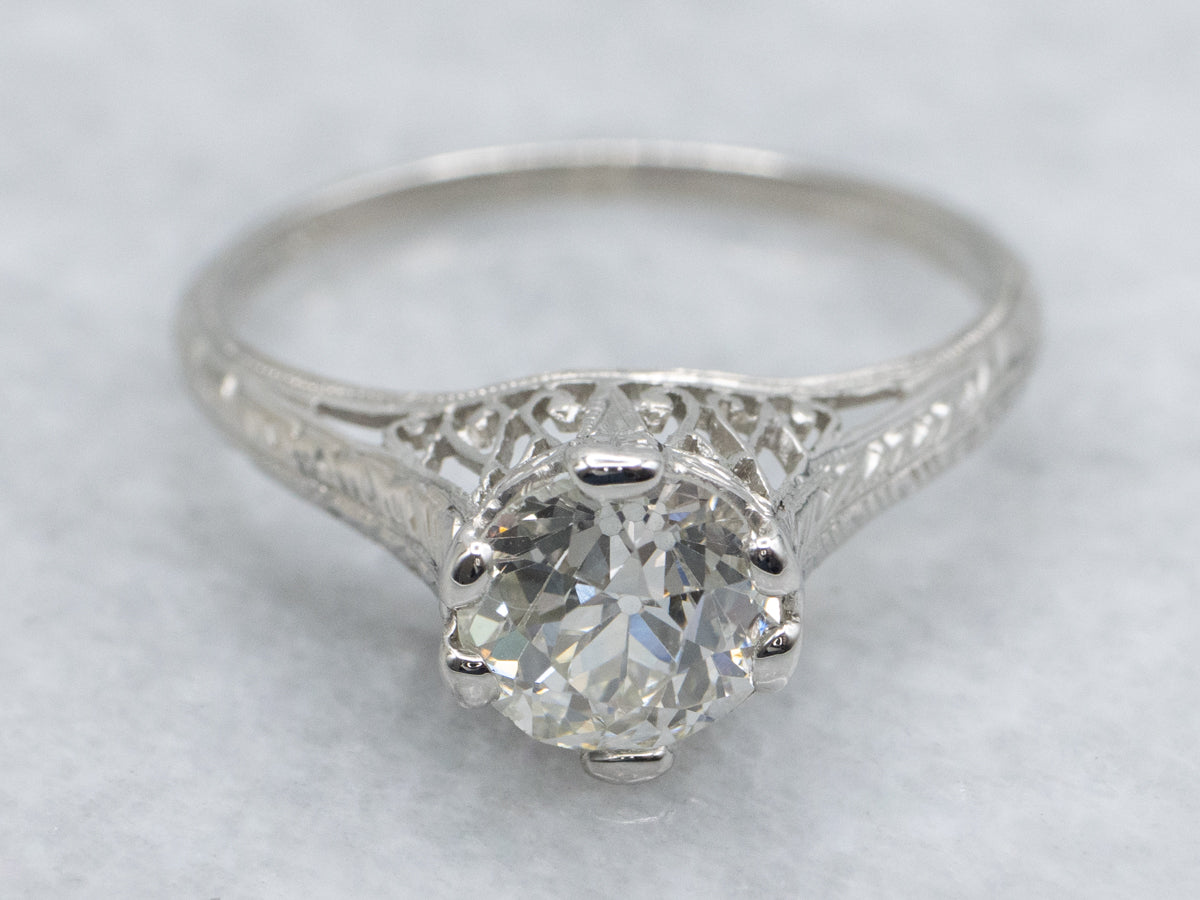 Platinum Art Deco Mine Cut Diamond Solitaire Engagement Ring with Filigree and Wheat Engravings