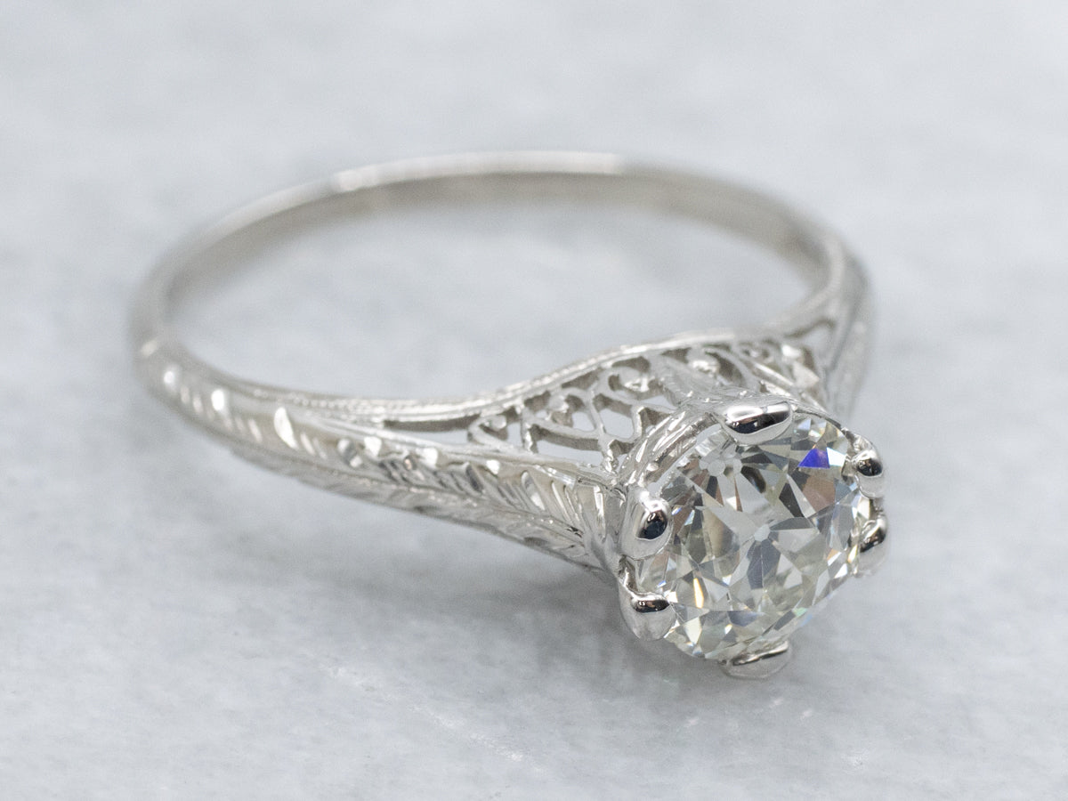 Platinum Art Deco Mine Cut Diamond Solitaire Engagement Ring with Filigree and Wheat Engravings