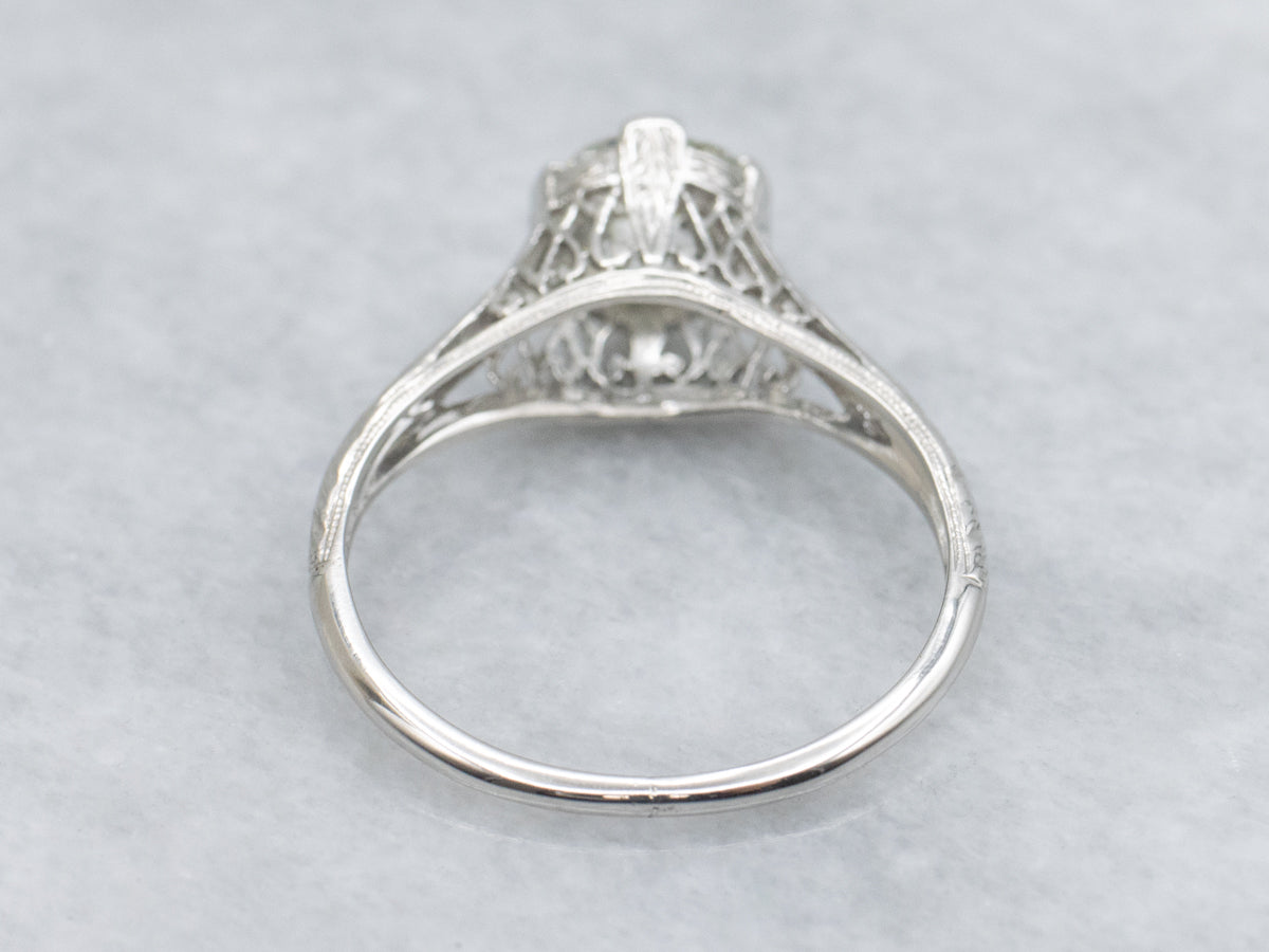 Platinum Art Deco Mine Cut Diamond Solitaire Engagement Ring with Filigree and Wheat Engravings