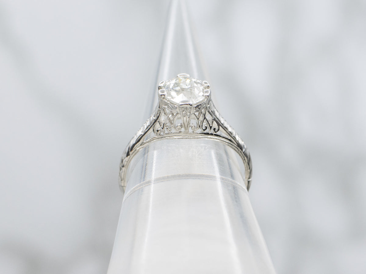 Platinum Art Deco Mine Cut Diamond Solitaire Engagement Ring with Filigree and Wheat Engravings