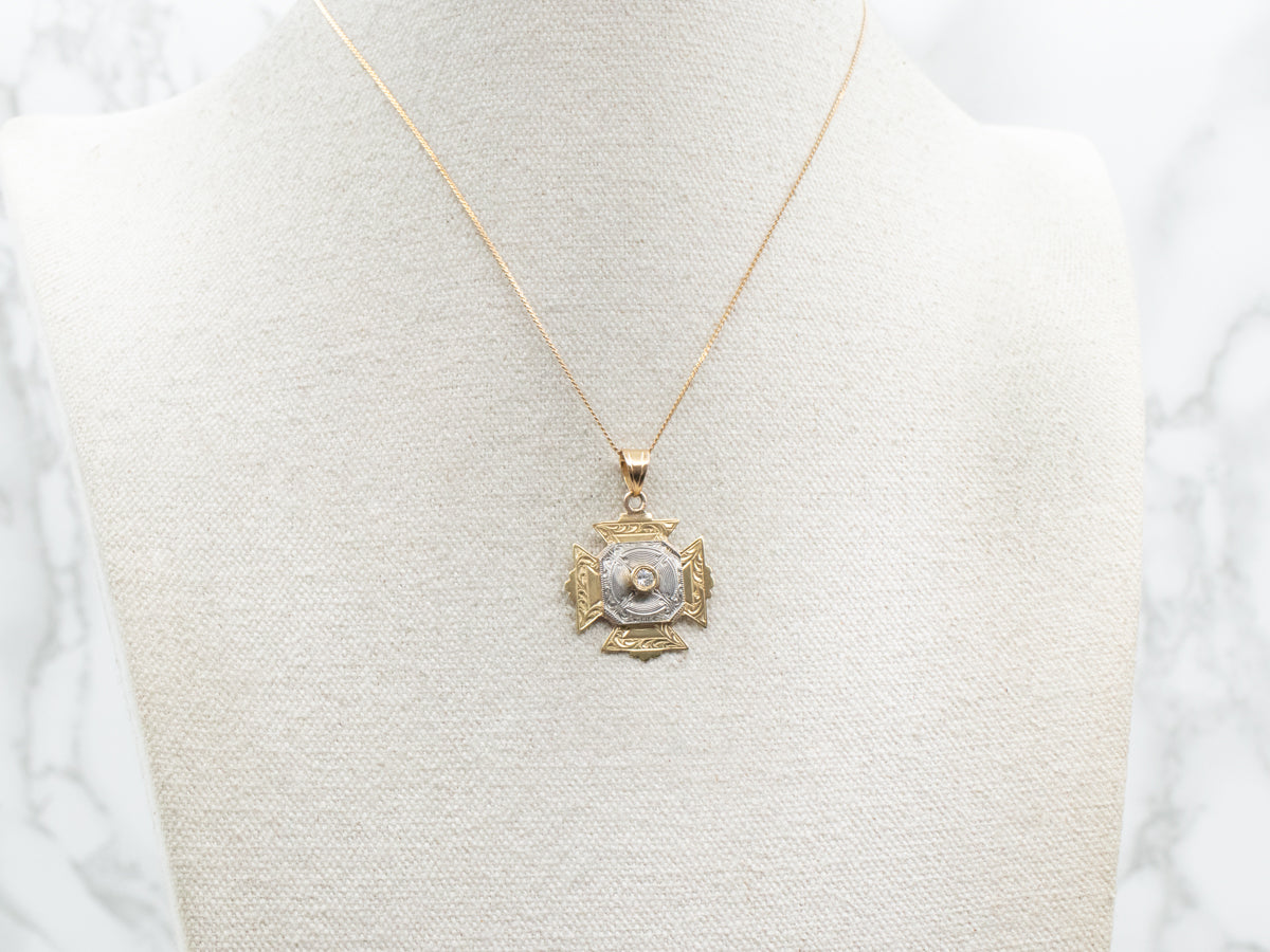 Art Deco Green Gold and Diamond Maltese Cross Pendant