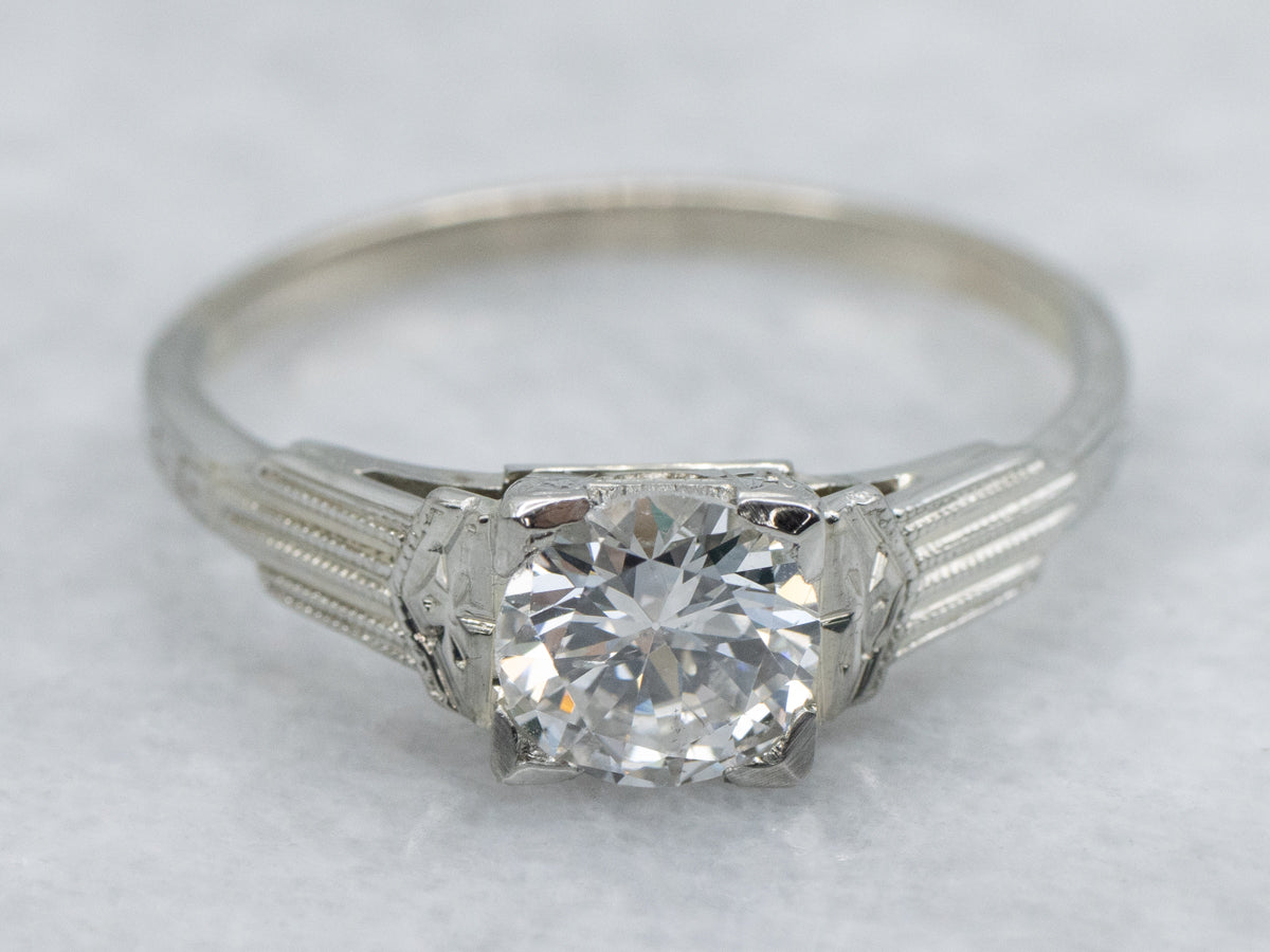 1930s White Gold European Cut Diamond Solitaire Engagement Ring