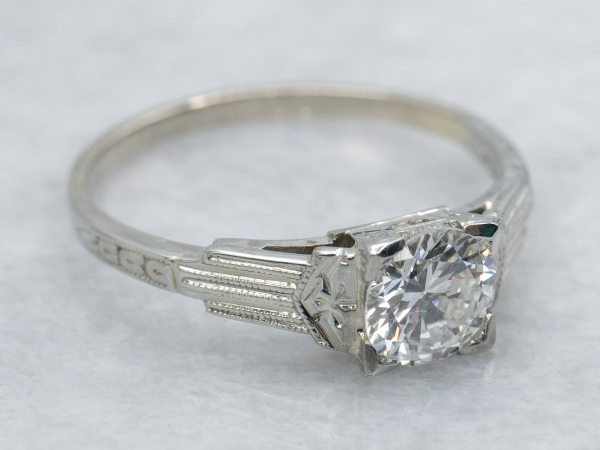 1930s White Gold European Cut Diamond Solitaire Engagement Ring