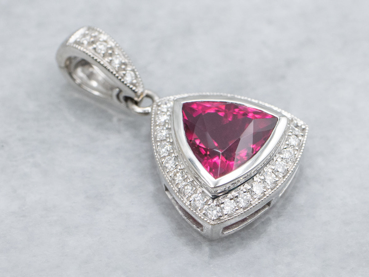 Modern White Gold Tourmaline and Diamond Halo Pendant