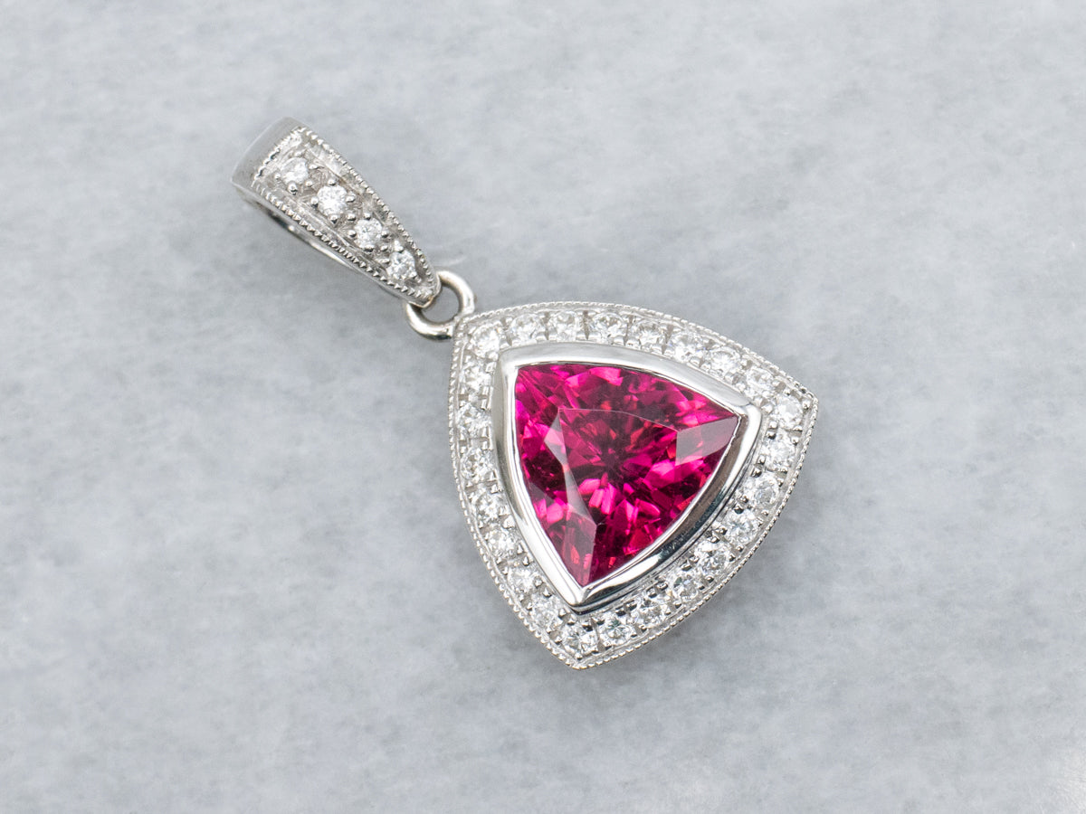 Modern White Gold Tourmaline and Diamond Halo Pendant