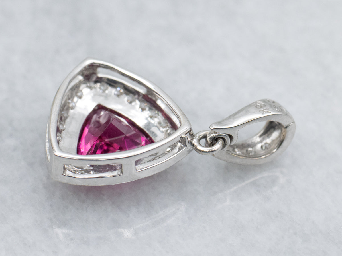Modern White Gold Tourmaline and Diamond Halo Pendant