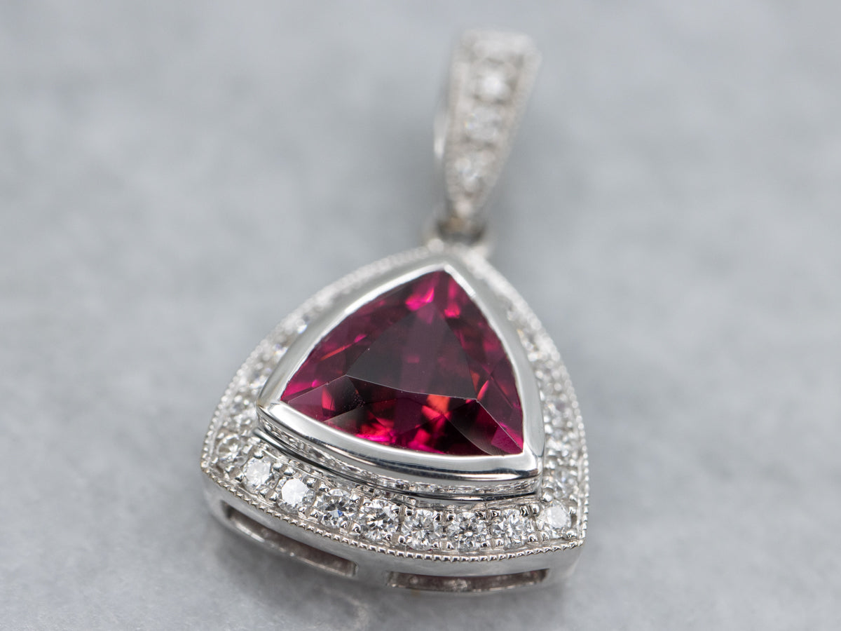 Modern White Gold Tourmaline and Diamond Halo Pendant