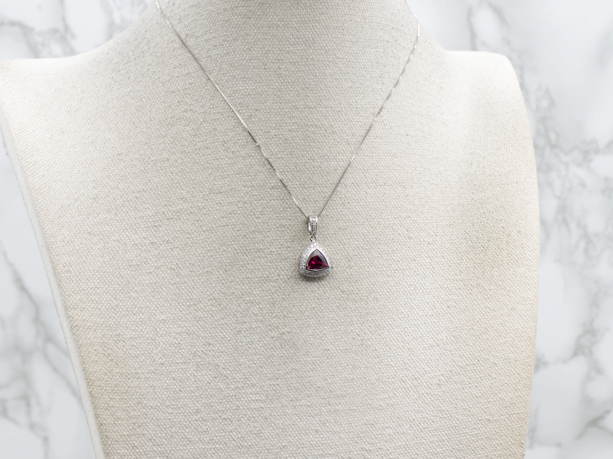 Modern White Gold Tourmaline and Diamond Halo Pendant
