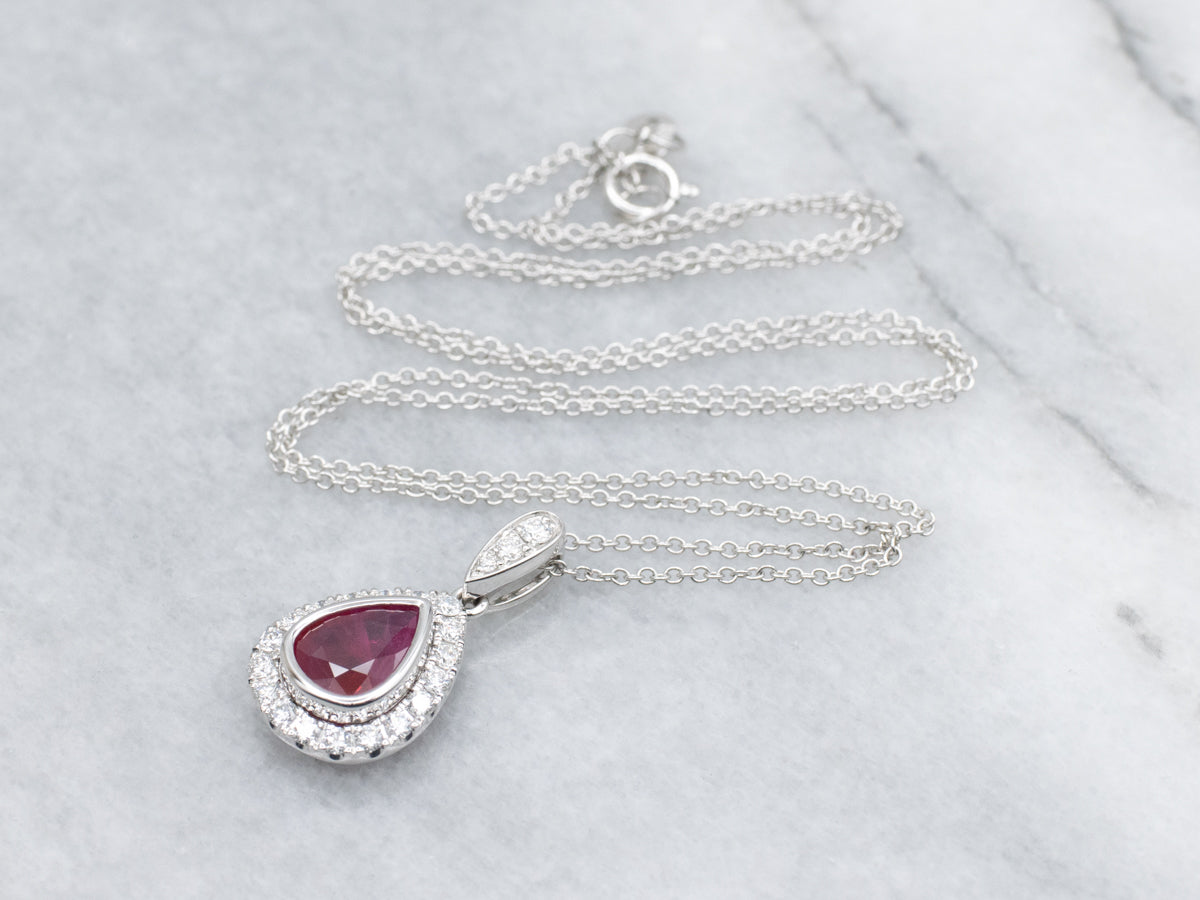 Modern Ruby and Teardrop Diamond Halo Pendant Necklace