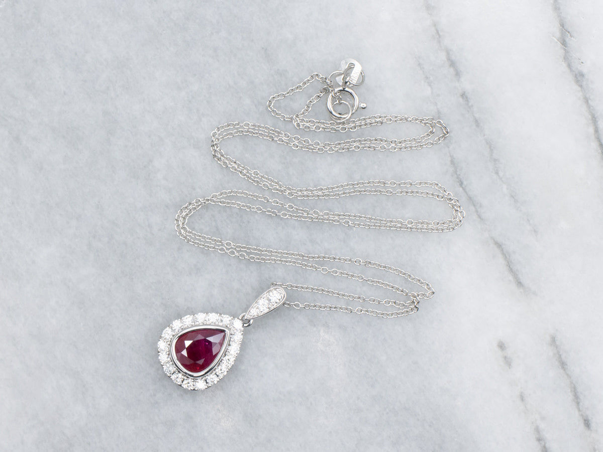Modern Ruby and Teardrop Diamond Halo Pendant Necklace