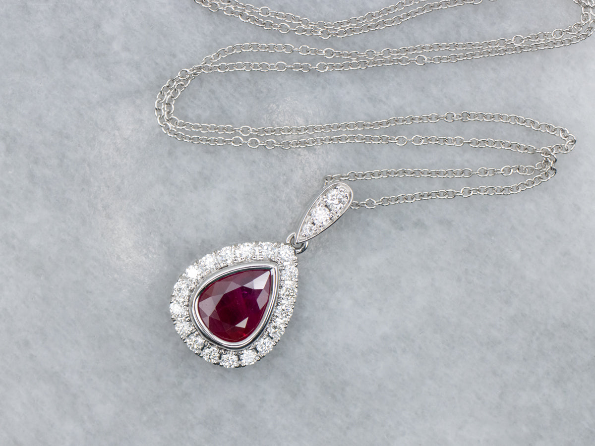 Modern Ruby and Teardrop Diamond Halo Pendant Necklace