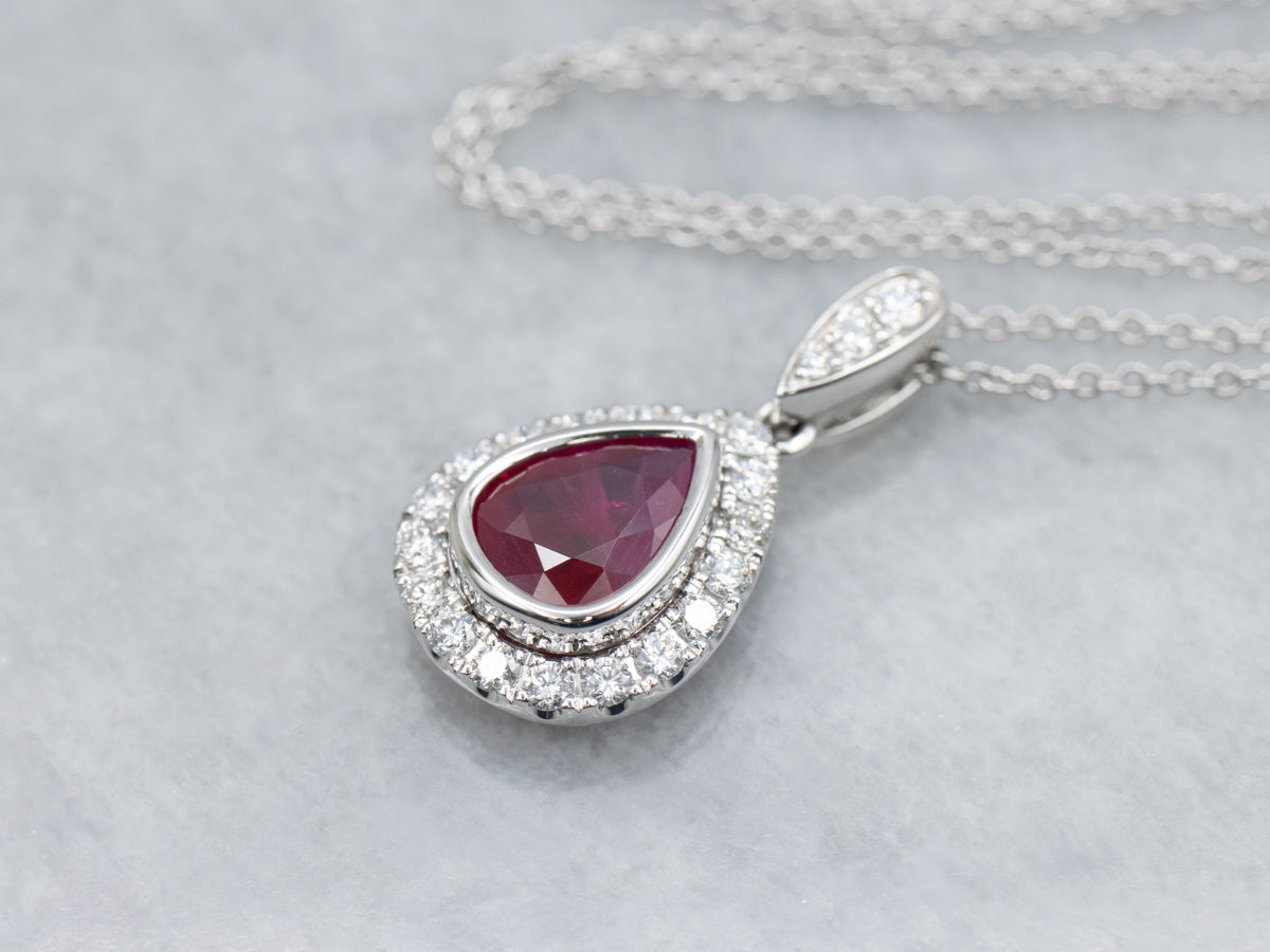 Modern Ruby and Teardrop Diamond Halo Pendant Necklace