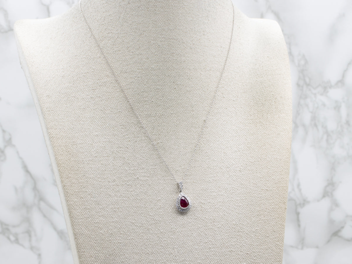Modern Ruby and Teardrop Diamond Halo Pendant Necklace