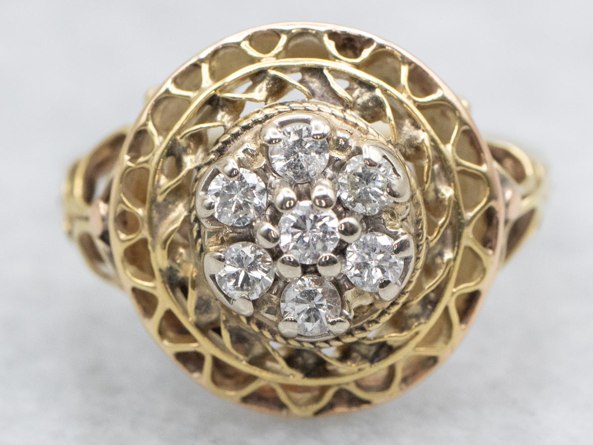 Green Gold Filigree and Diamond Cocktail Ring