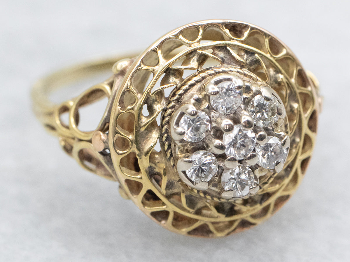 Green Gold Filigree and Diamond Cocktail Ring