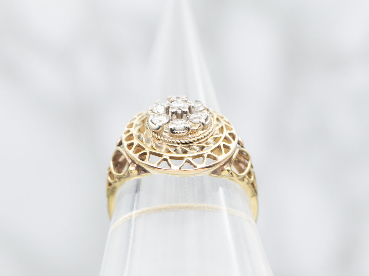 Green Gold Filigree and Diamond Cocktail Ring