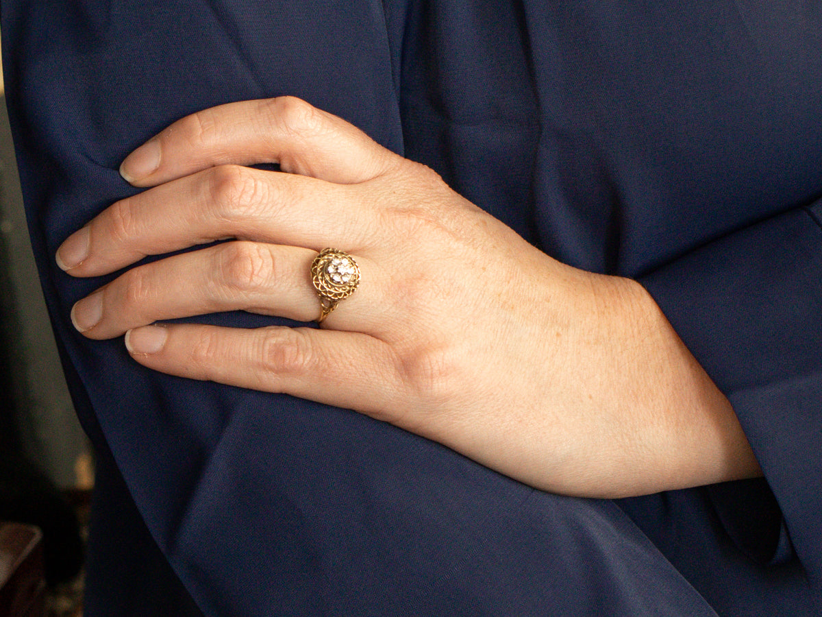 Green Gold Filigree and Diamond Cocktail Ring