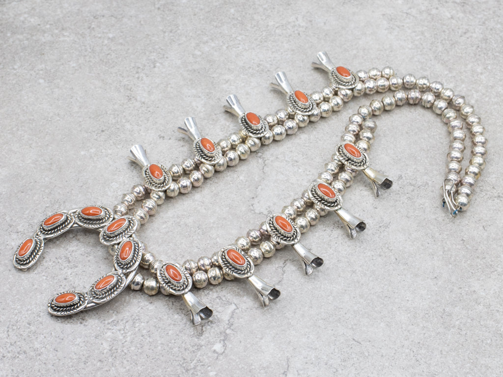 Sterling Silver Oval Cut Coral Squash Blossom Necklace