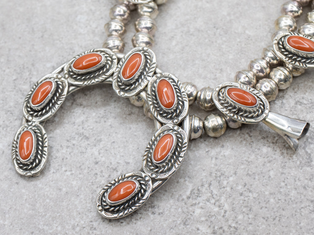 Sterling Silver Oval Cut Coral Squash Blossom Necklace