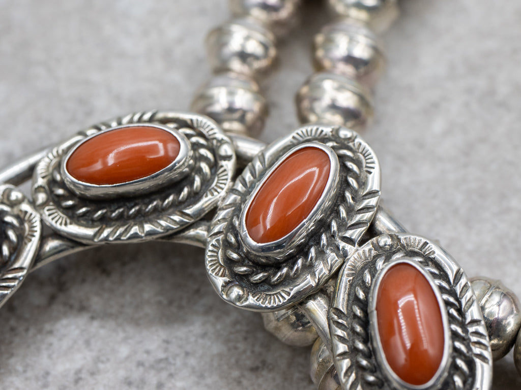 Sterling Silver Oval Cut Coral Squash Blossom Necklace