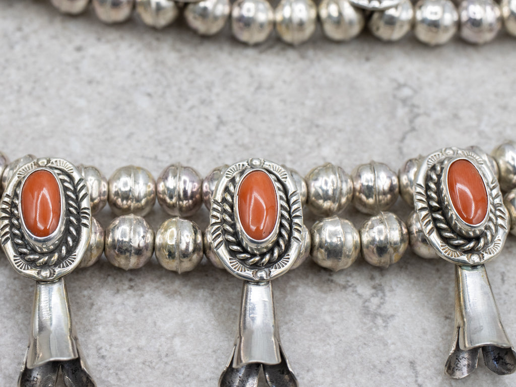 Sterling Silver Oval Cut Coral Squash Blossom Necklace