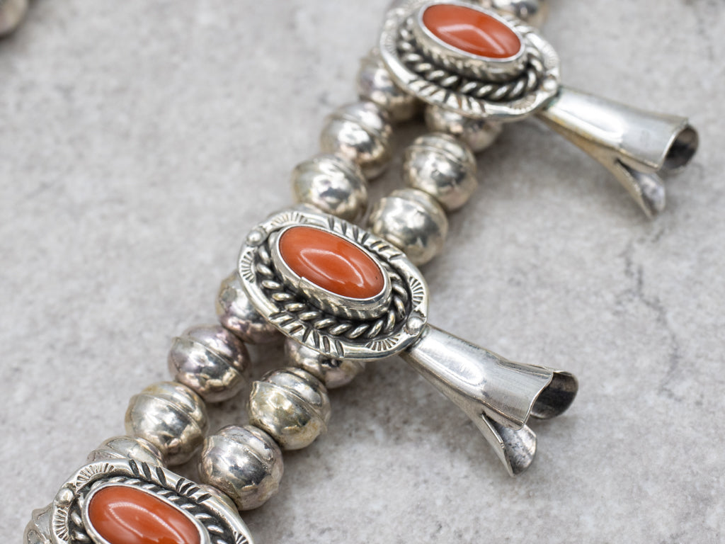Sterling Silver Oval Cut Coral Squash Blossom Necklace