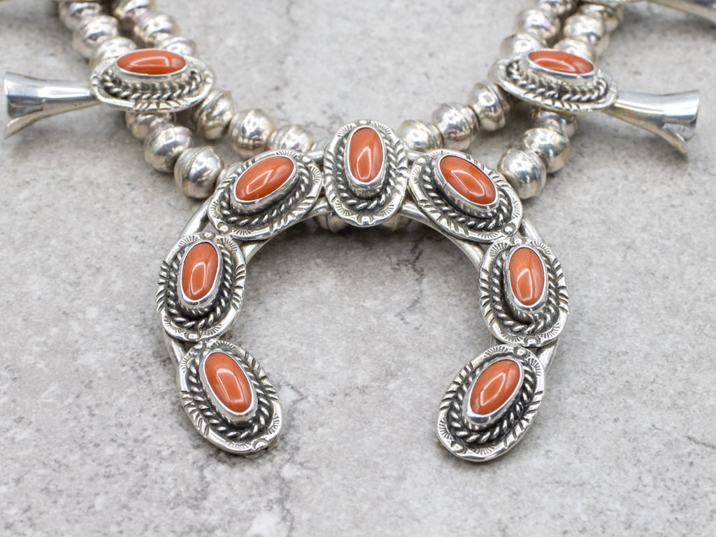 Sterling Silver Oval Cut Coral Squash Blossom Necklace