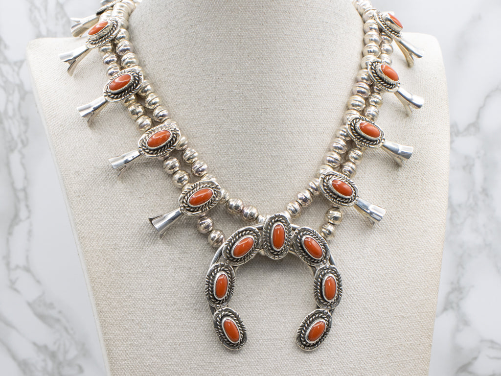 Sterling Silver Oval Cut Coral Squash Blossom Necklace
