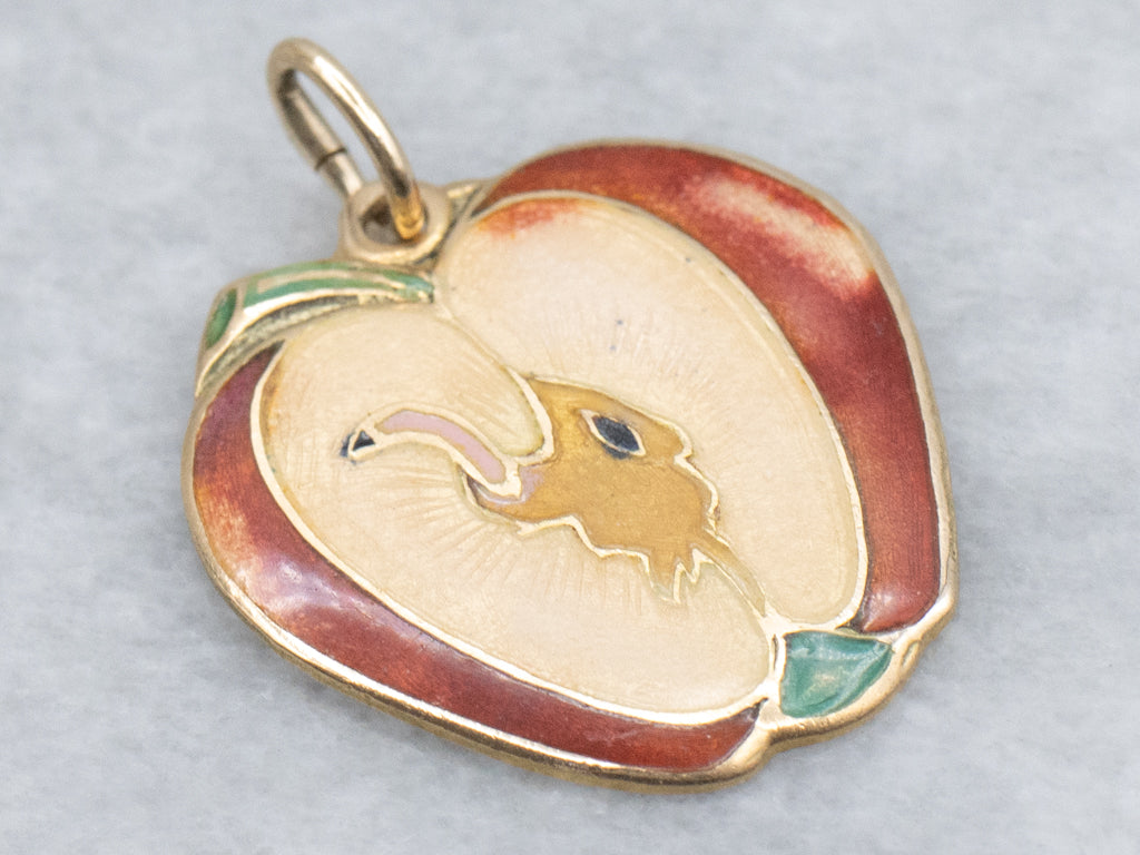 Art Nouveau Enamel Apple and Worm Gold Pendant