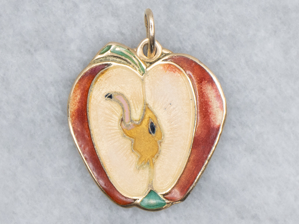 Art Nouveau Enamel Apple and Worm Gold Pendant