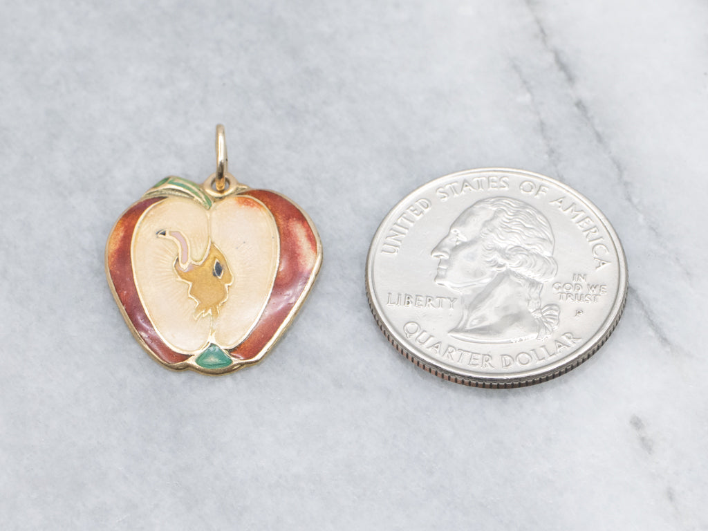 Art Nouveau Enamel Apple and Worm Gold Pendant