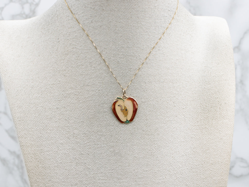 Art Nouveau Enamel Apple and Worm Gold Pendant