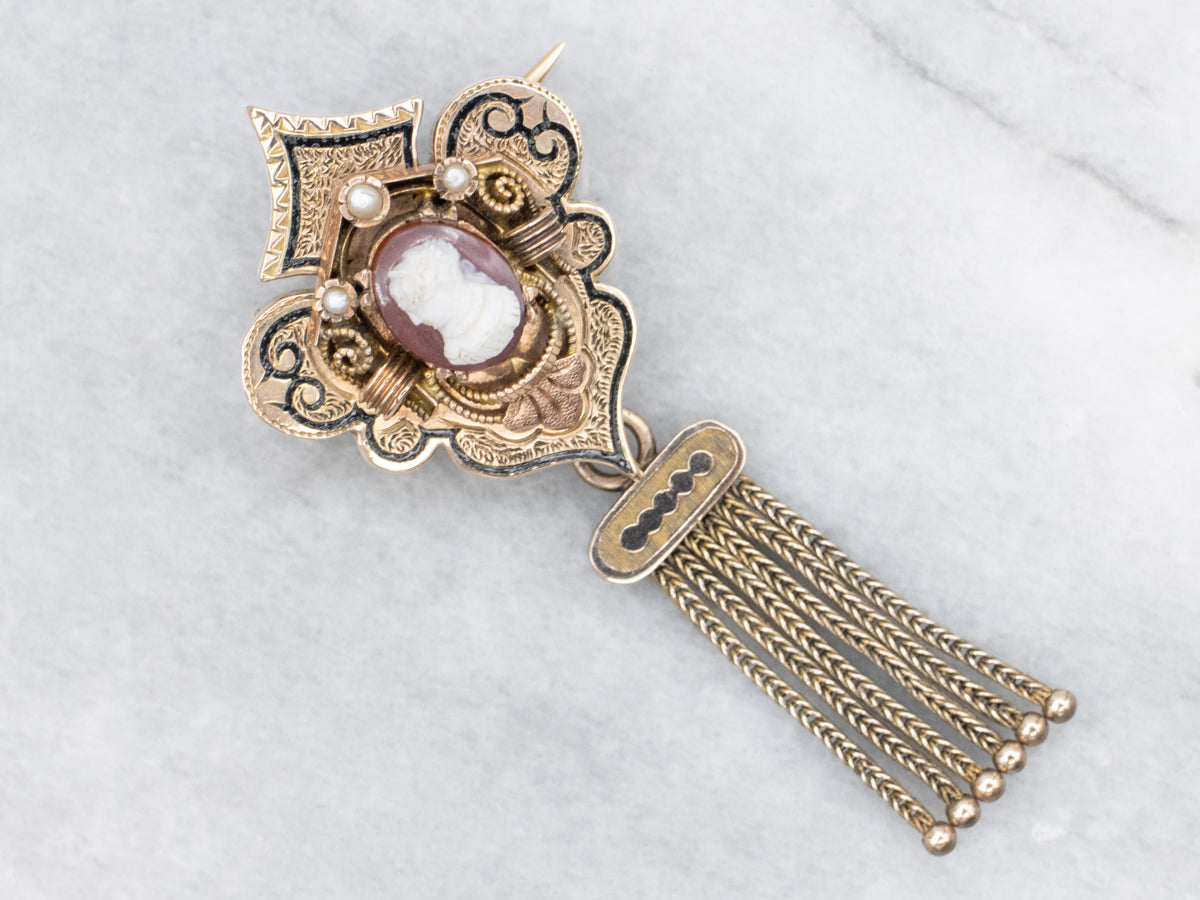 Victorian Gothic Cameo and Seed Pearl Tassel Brooch