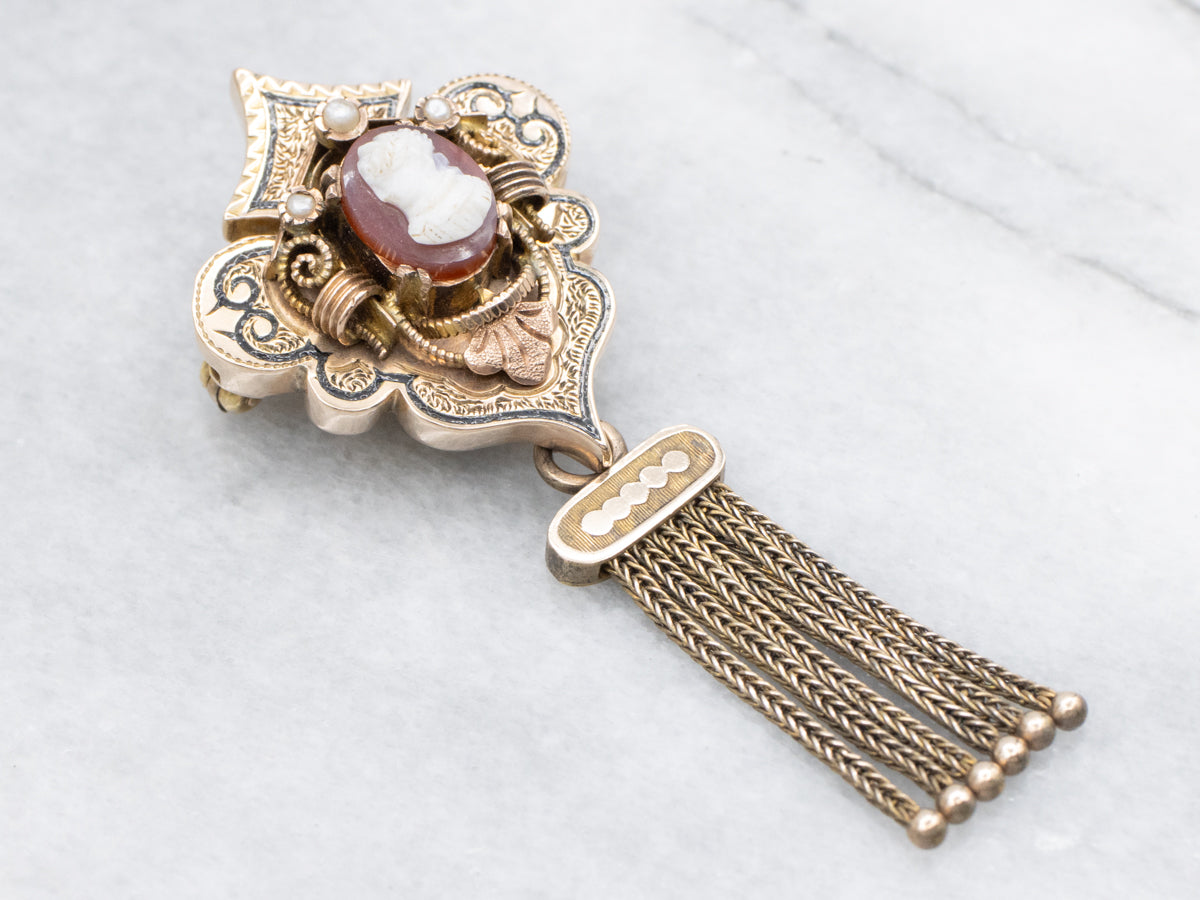 Victorian Gothic Cameo and Seed Pearl Tassel Brooch