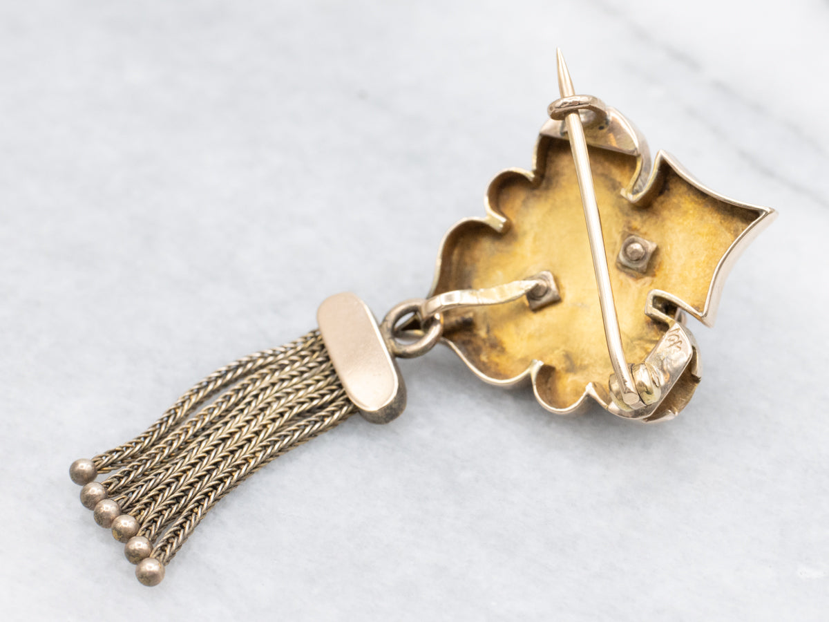 Victorian Gothic Cameo and Seed Pearl Tassel Brooch