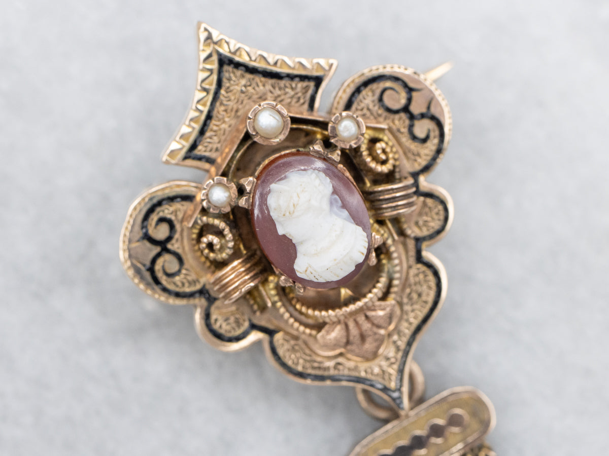 Victorian Gothic Cameo and Seed Pearl Tassel Brooch