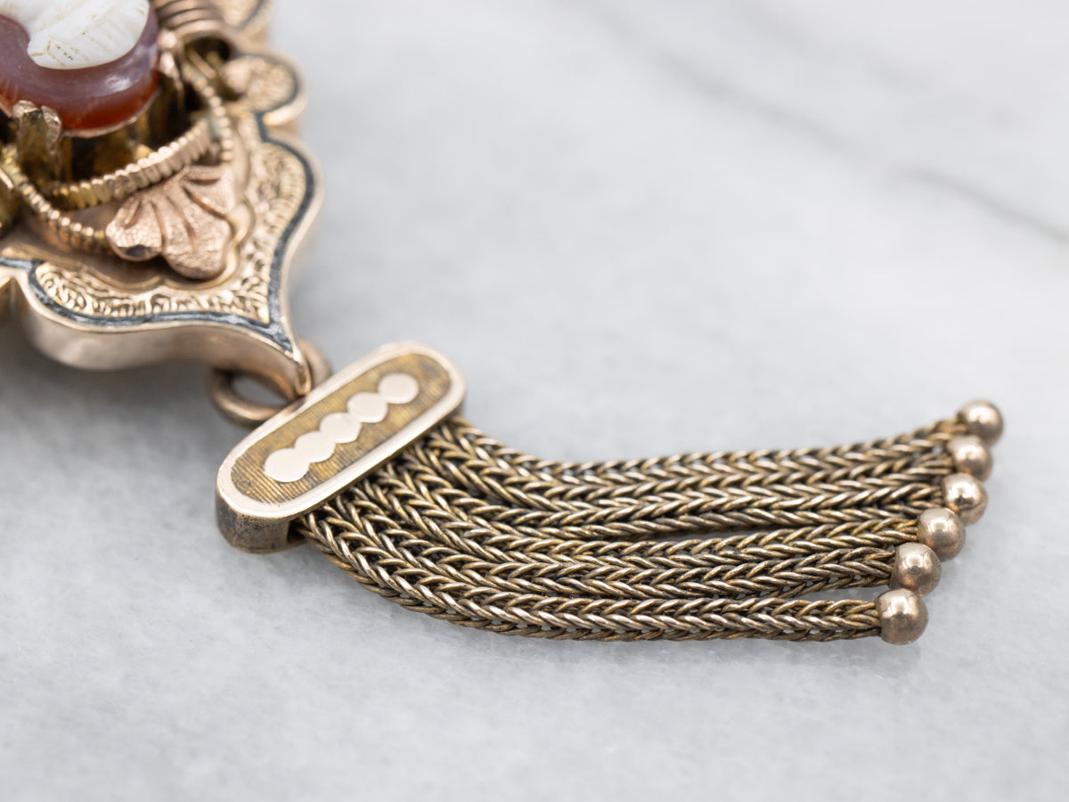 Victorian Gothic Cameo and Seed Pearl Tassel Brooch