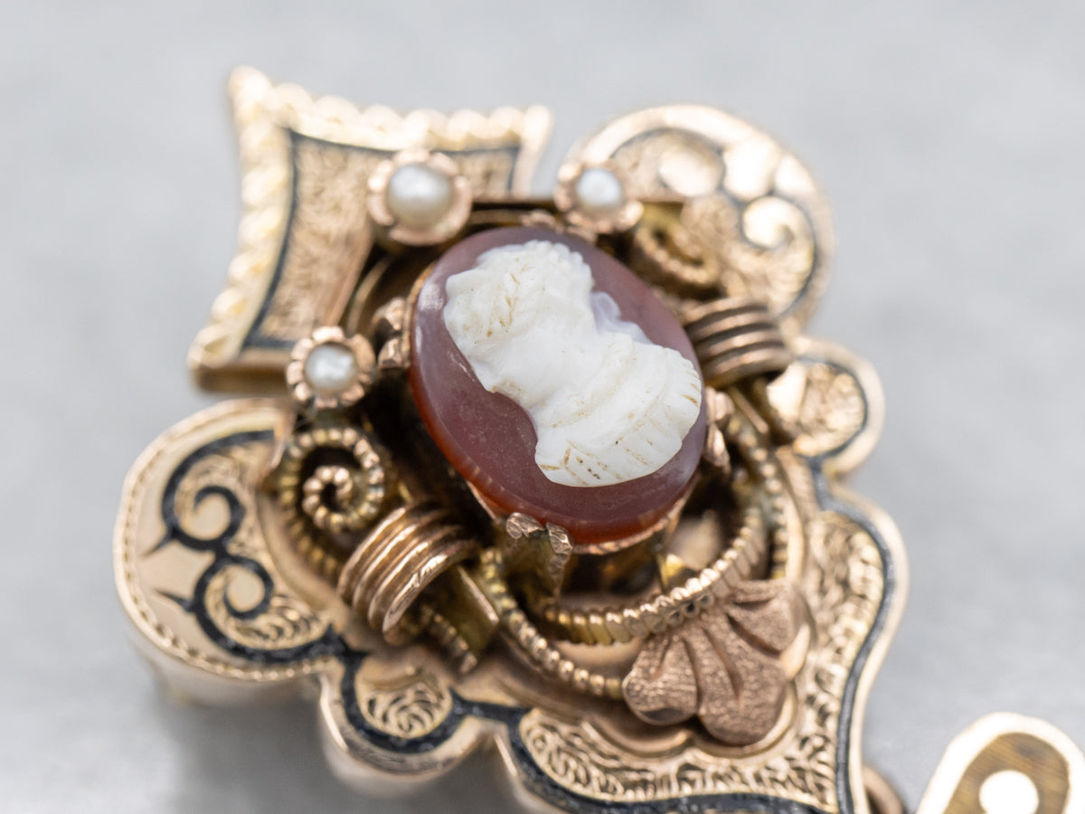 Victorian Gothic Cameo and Seed Pearl Tassel Brooch