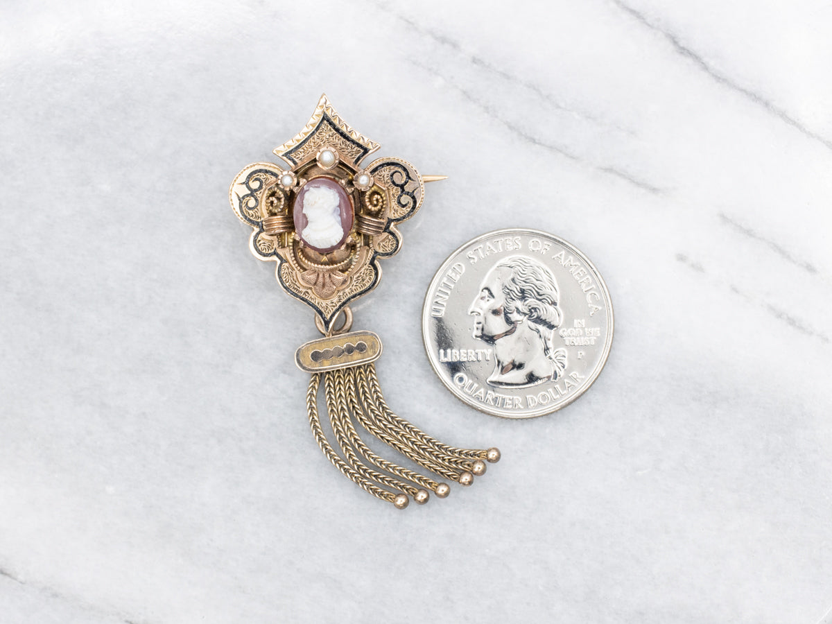 Victorian Gothic Cameo and Seed Pearl Tassel Brooch