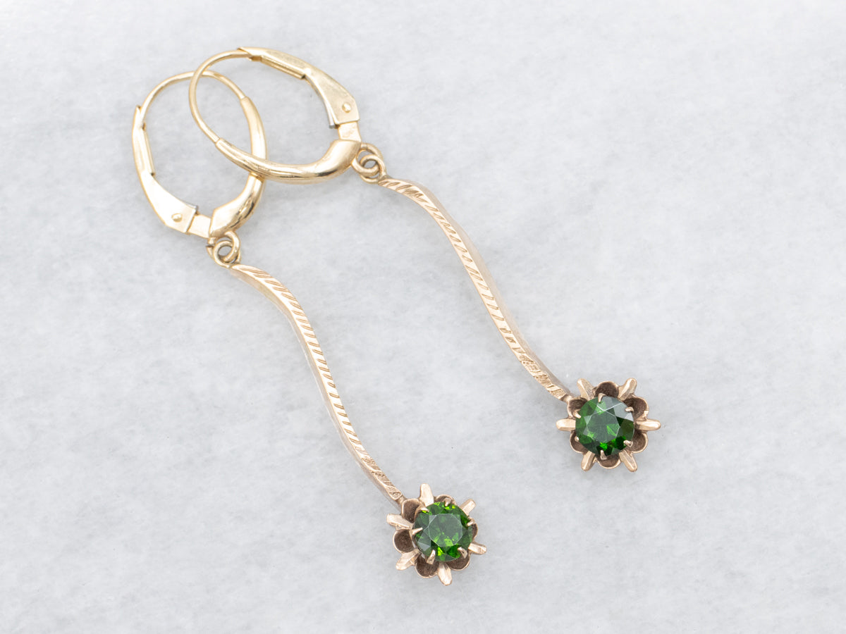 Beautiful Demantoid Garnet Rose Gold Bar Drop Earrings