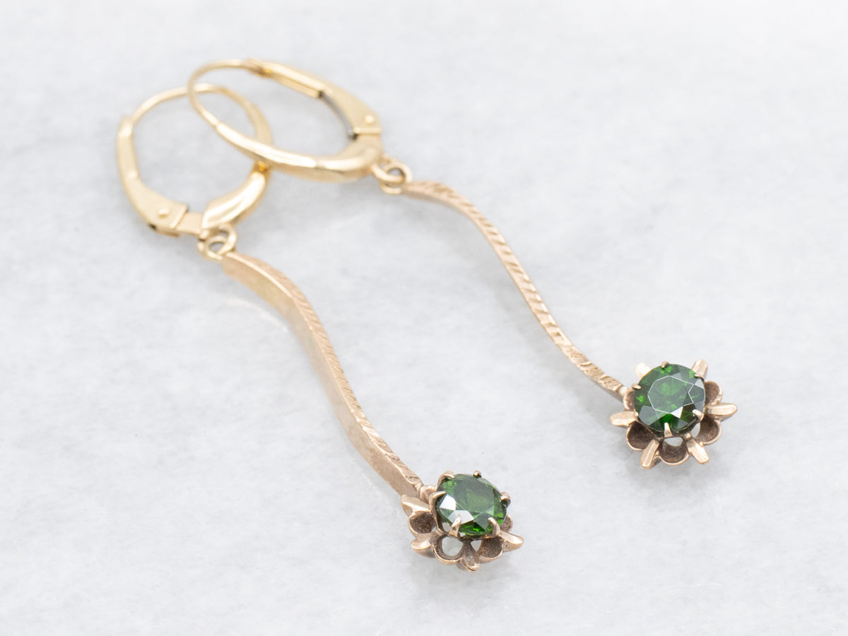 Beautiful Demantoid Garnet Rose Gold Bar Drop Earrings